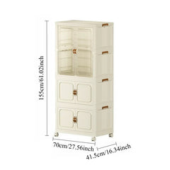 Modern Home Bedroom Armoires, Plastic Installation-Free Multipurpose Locker with Pulleys, Foldable Clothes Storage Cabinet for Living Room Bedroom or Cloakroom, Cream White