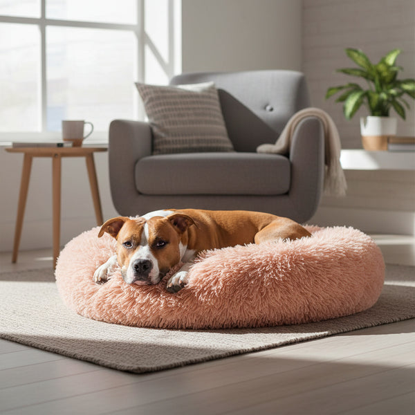 40/50/60/70cm Round Plush Donut Dog/Cat Bed Cuddler Pet Cushion Self-Warming Bed Washable Dog Bed with Non-Slip and Waterproof Bottom Calming Dog Bed