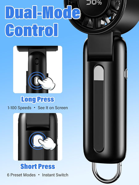 Handheld Fan, 100-Speed Portable Mini Fan with 12800 RPM Strong Airflow, Foldable 4-In-1 Personal Fan for Travel, Beach & Office, USB-C Rechargeable, Lightweight & Quiet (Black)