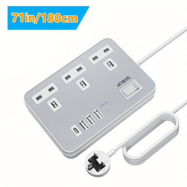 Power Supply 7in 1 Flat Plug Power Socket Outlet Extension Lead, 4 USB Slots Charging Ports Extension Socket, Multi Socket Power Board