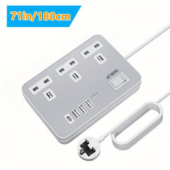 Power Supply 7in 1 Flat Plug Power Socket Outlet Extension Lead, 4 USB Slots Charging Ports Extension Socket, Multi Socket Power Board