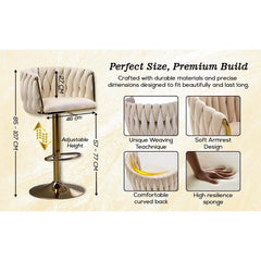 Set of 2 x Velvet Woven Upholstered Adjustable High Swivel Breakfast Bar Pub Home Stool Chair With Gold Metal base & Gas Lift (Cream/Gold)