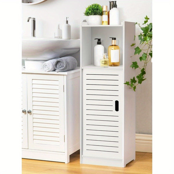 Bathroom Storage Cabinet | White Wood-Plastic Freestanding Organizer | 3-Tier with Slatted Doors & Open Shelf | Space-Saving Design for Bathroom, Kitchen, Bedroom | Modern Minimalist Style, Versatile Cabinet | Slatted Door Design | Woodplastic Material, B