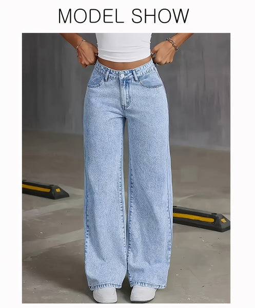 Women's New Fashion Stretchy Straight Jeans, Loose Comfort Fit Wide Leg Jeans, Acid Washed Light Blue Denim Trousers with Pockets, Elegant Women's Clothing, High Waisted Tummy Control Pantalones. Baggy Casual Pants for Travel, Work and Office Wear.