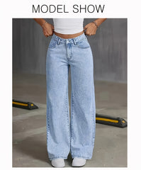 Women's New Fashion Stretchy Straight Jeans, Loose Comfort Fit Wide Leg Jeans, Acid Washed Light Blue Denim Trousers with Pockets, Elegant Women's Clothing, High Waisted Tummy Control Pantalones. Baggy Casual Pants for Travel, Work and Office Wear.