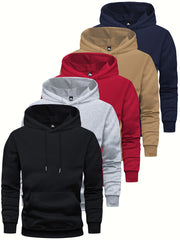 5pcs Men's Long Sleeve Sweatshirt Hoodie, Autumn/Winter Solid Color Plain Hooded Pullover with Drawstring Design and Kangaroo Pocket, Men's Casual Sportswear Top