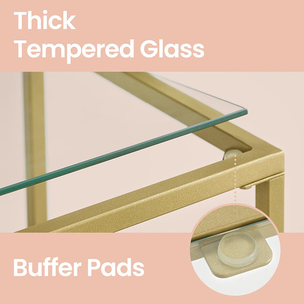 Modern Retro Glass Console Table with Golden Frame & Tempered Glass Top - Sturdy Sofa Table for Living Room, Hallway, Entryway - Space-Saving Narrow Design, Easy Assembly, Low-Maintenance Surface, Compact Accent Table for Small Spaces, Apartments, Apartme