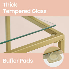 Modern Retro Glass Console Table with Golden Frame & Tempered Glass Top - Sturdy Sofa Table for Living Room, Hallway, Entryway - Space-Saving Narrow Design, Easy Assembly, Low-Maintenance Surface, Compact Accent Table for Small Spaces, Apartments, Apartme