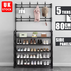 1pc Black Coat Rack Shoe Storage 5 Tiers Metal Stand 8 Hooks Shelves 80Cm Widened for Living Room Bathroom Hallway Office Xmas Gift