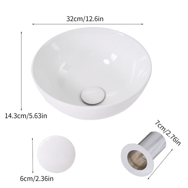 Round Ceramic Counter Top Sink Hand Washing Bowl Bathroom Toilet Cloakroom Basin with Waste Pipe Kits 320*320*130mm