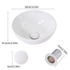 Round Ceramic Counter Top Sink Hand Washing Bowl Bathroom Toilet Cloakroom Basin with Waste Pipe Kits 320*320*130mm
