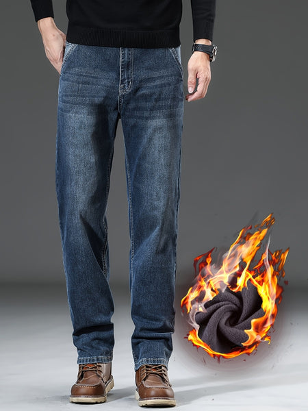Men's Heavy-Themed Winter Light Business Casual Pants - Thickened Warm Washed Denim, Loose-Fit Mid-Rise with Internal Zipper Closure, Solid Color for Professional & -Casual Wear (Machine Washable)