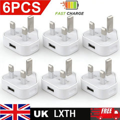 6pcs USB Wall Charger 3-Pin Plug Power Adapter for Mobile Phones And Tablets in The UK