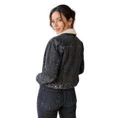 Women'S Black Denim Jacket with Sherpa Collar, Fleece Lined Jean Trucker Jacket, Warm Button Up Long Sleeve Winter Coat, Casual Vintage Denim Outerwear with Pockets