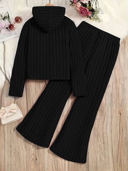 A Set of Women's Ribbed Letter Applique Hoodie and Flared Pants