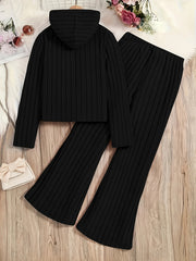 A Set of Women's Ribbed Letter Applique Hoodie and Flared Pants