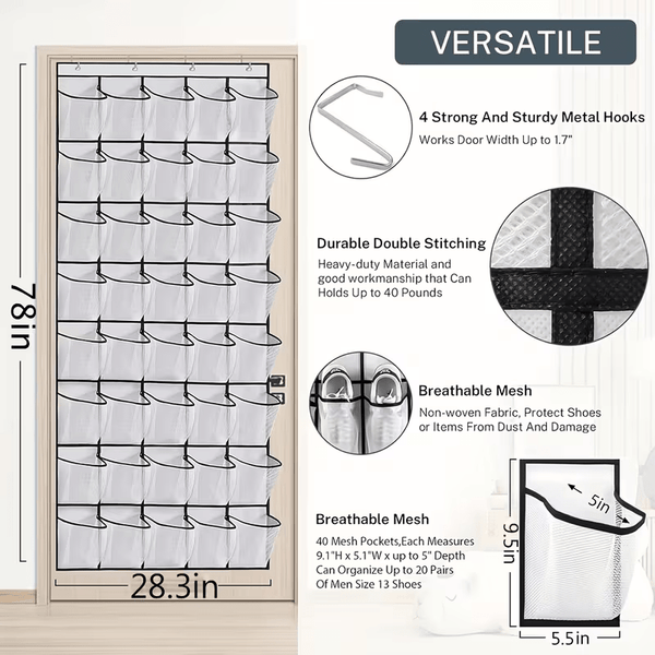 40-Tier Heavy-Duty Over-the-Door Hanging Storage Bag | FOBIANJIE Transparent Window Plastic Storage Bag with 40 Large Pockets - Space-Saving Multi-Functional Cabinet Organizer Suitable for Toys, Shoes, Clothes