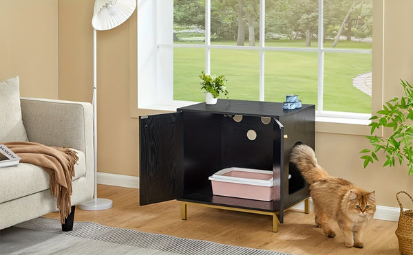 Feline Storage Unit, Cat Waste Container, Feline Waste Storage, Pet Shelter with Entrance, Wooden Side Table for Pet Shelter, 50 X 60 X 61 Cm, Durable Feline Storage Unit, Black And Golden