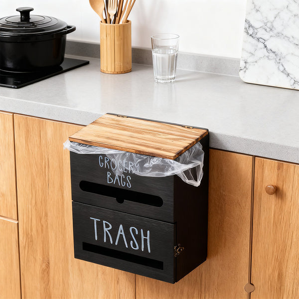 White/Black Two-Tier Wooden Trash Bag Storage Box Trash Bag Holder, Kitchen Plastic Wrap & Bag Organizer with Lid, Large Capacity Hanging Storage Container, Household Storage Accessories