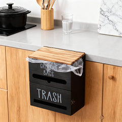 White/Black Two-Tier Wooden Trash Bag Storage Box Trash Bag Holder, Kitchen Plastic Wrap & Bag Organizer with Lid, Large Capacity Hanging Storage Container, Household Storage Accessories