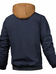 Men's Solid Color Hooded Air Force One Jacket - Loose Fit Zippered Coat with Full-Length Zipper Front, Full-Liner for Spring/Autumn/Winter, Casual Outerwear (No Belt Required)