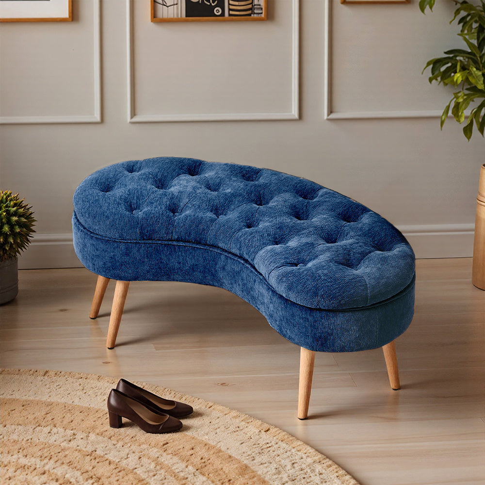 Nordic Modern Arc-shaped Design Quilted Button Fabric Upholstered Storage Stool Shoe Changing Stool with Wooden Legs, Large Capacity Shoe Changing Stool At The Entrance of The Living Room, Storage Bench At The Bed End, Blue, 103*50*46cm