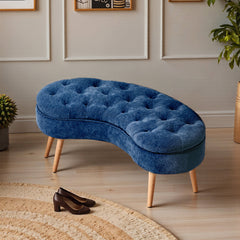Nordic Modern Arc-shaped Design Quilted Button Fabric Upholstered Storage Stool Shoe Changing Stool with Wooden Legs, Large Capacity Shoe Changing Stool At The Entrance of The Living Room, Storage Bench At The Bed End, Blue, 103*50*46cm