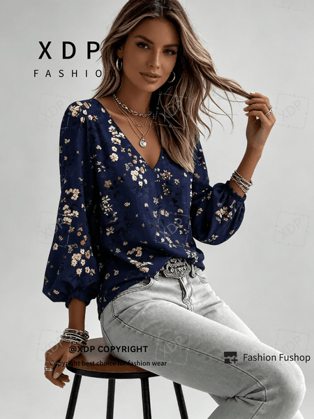 2D Flat Print Retro Western Style Shirt| V-neck Women's Long-sleeved Top with Colorful Small Floral Print, Bohemian Style Lantern Sleeve Design, Machine Washable, Suitable for Casual Attire and Vacations, 2D Flat