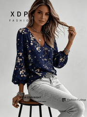 2D Flat Print Retro Western Style Shirt| V-neck Women's Long-sleeved Top with Colorful Small Floral Print, Bohemian Style Lantern Sleeve Design, Machine Washable, Suitable for Casual Attire and Vacations, 2D Flat
