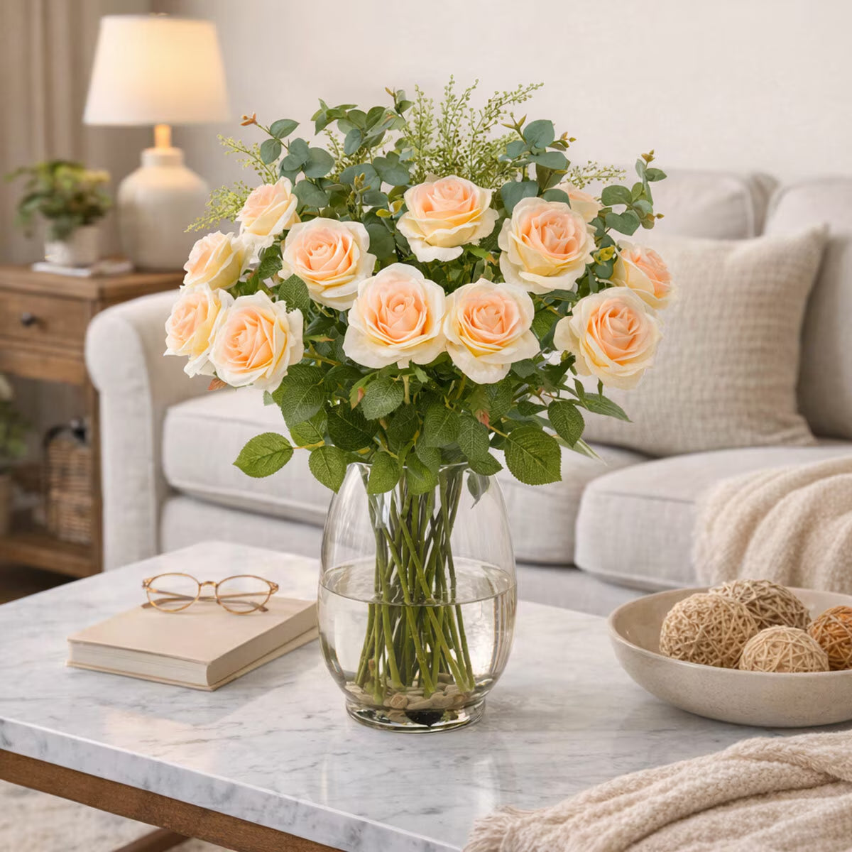 Artificial Roses in Glass Vase in 2 Colours