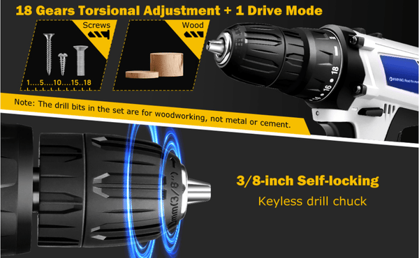 Cordless Drill Driver Power Combi Drill Kit Electric Screwdriver Set with 2-Speed, 18+1 Torque 3/8