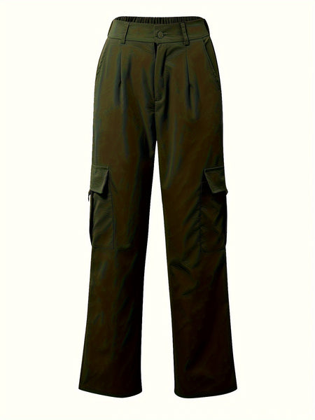 Flap Pocket Solid Color Cargo Pants, Y2K Slant Pocket Button Front Every Day Pants, Women's Clothing
