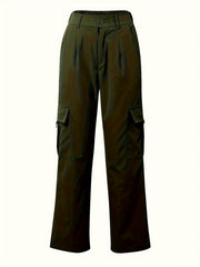 Flap Pocket Solid Color Cargo Pants, Y2K Slant Pocket Button Front Every Day Pants, Women's Clothing