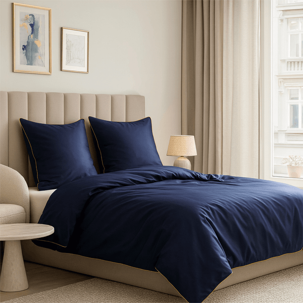 Luxury Dark Blue Duvet Cover Set with Gold Trim – 100% Cotton Sateen – Opulent Hotel Style Bedding for Single, Double, and King Beds