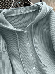 Hooded Button Sweater Cardigan, Spring Autumn Solid Color Casual Simple Open Front Soft Comfortable Elegant Women's Wear