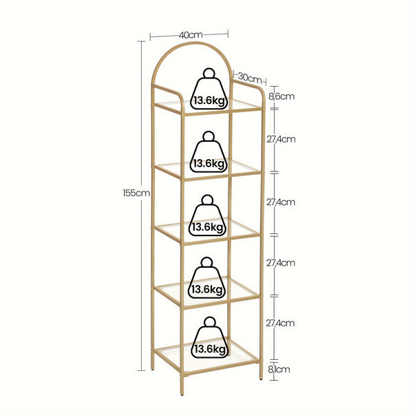 Bookcase Bookshelf, Tempered Glass Bookshelves, Slim Shelving Unit for Bedroom, Bathroom, Home Office, Steel Frame, 5 Tier Golden