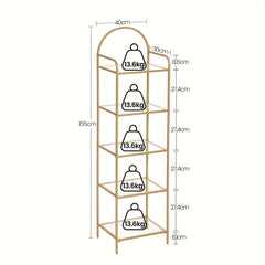 Bookcase Bookshelf, Tempered Glass Bookshelves, Slim Shelving Unit for Bedroom, Bathroom, Home Office, Steel Frame, 5 Tier Golden