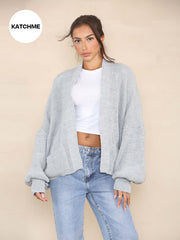 KatchMe Women's Commuter Versatile Balloon Sleeve Knit Short Cardigan ，Casual Knitwear for Lady, Plain Open-Front Side Pocket Womenswear