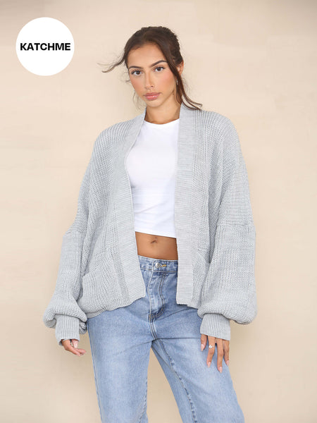 KatchMe Women's Commuter Versatile Balloon Sleeve Knit Short Cardigan ，Casual Knitwear for Lady, Plain Open-Front Side Pocket Womenswear