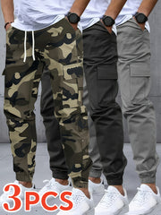 Men's Three-pc Cargo Pants, Solid Color Multi-Pocket Casual Outdoor Sports Trousers, Suitable for Spring, Summer, and Autumn