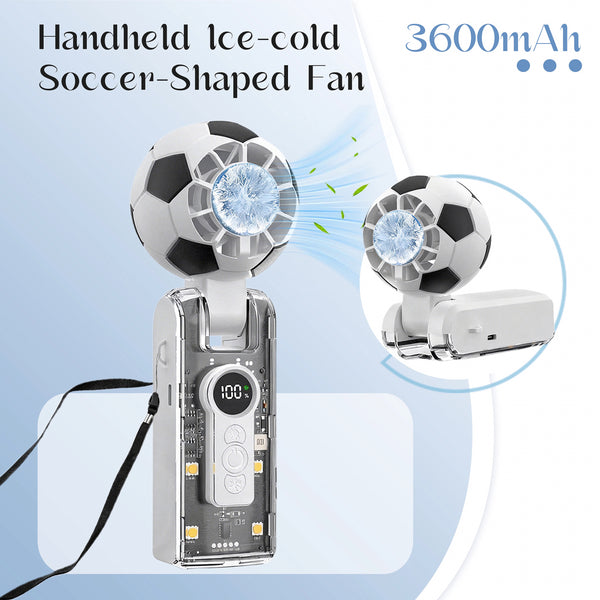 Portable Handheld Turbo Fan with Ice Cooler, 5-Speed Wind, Soccer-Shaped Mini Personal Fan, 3600Mah Football Rechargeable Pocket Fan for Travel/Outdoor/Office, 180° Adjustable