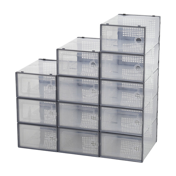 Pack of 12 Stackable Shoe Boxes Shoe Storage Organisers, Sturdy & Durable, Space Saving, Shoe Organizer Containers with Lids for Women/Men, Ideal for Entryway, Closet, Living Room, Bedroom, Office, Dorm, Fit Up To UK Size 9.5, 23x33x14cm