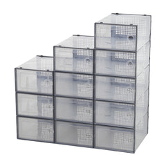 Pack of 12 Stackable Shoe Boxes Shoe Storage Organisers, Sturdy & Durable, Space Saving, Shoe Organizer Containers with Lids for Women/Men, Ideal for Entryway, Closet, Living Room, Bedroom, Office, Dorm, Fit Up To UK Size 9.5, 23x33x14cm