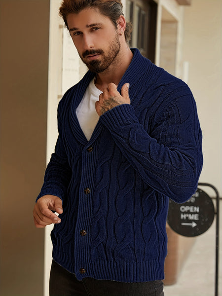 Men'S Solid Cable Knit Cardigan Fall Winter Button-Up Knit Coat