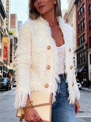 Women'S Elegant Fringed Cardigan Jacket Buttoned Neckline, Structured Silhouette with Fringed Hem Machine-Washable Autumn/Winter Outerwear Tailored Design