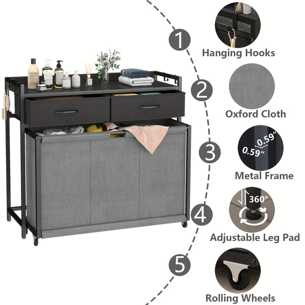 Modern Gray Rolling Laundry Hamper with 3 Removable Bags & 2 Drawers - Durable Wooden Laundry Sorter Cart for Bathroom, Bedroom, Laundry Room - Space-Saving Storage Organizer with Wheels, Laundry Basket, Laundry Baskets