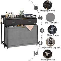 Modern Gray Rolling Laundry Hamper with 3 Removable Bags & 2 Drawers - Durable Wooden Laundry Sorter Cart for Bathroom, Bedroom, Laundry Room - Space-Saving Storage Organizer with Wheels, Laundry Basket, Laundry Baskets