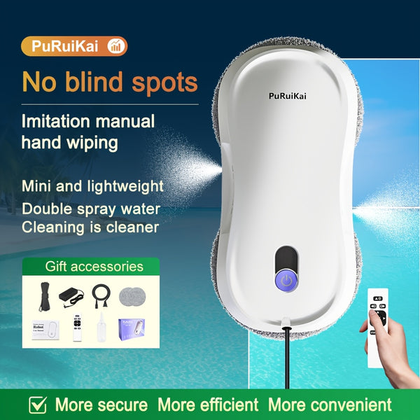 PuRuiKaiM8 Fully Automatic Plug-in Intelligent Window Cleaning Robot (2026 Latest Model) with Automatic Bidirectional Water Spray with Remote Control, 4.5-meter Anti Fall Safety Rope, Including 10 Cleaning Cloths And Spray Bottles