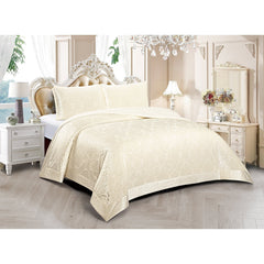 3 Piece Velvet Quilted Bedspread Set Jacquard Damask Bed Cover with Pillow Shams | Luxury Soft Polyester Bedspread for Double King Super King Beds | Modern Elegant Bedroom Bedding Set