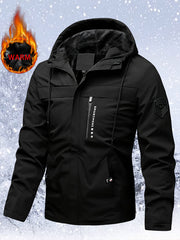 Men'S Insulated Thermal Winter Jacket Full Zipper Closure Hooded Windproof Coat Front Full Zip And Zipper Pockets - Machine Washable Cold Weather Outerwear for Skiing, Snowboarding, Hiking - Black (Unlined